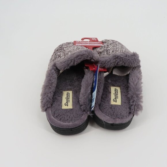 Dearfoams Women Medium 7-8 Grey Chenille Cable Knit Faux Fur Slide Slippers NEW - Picture 5 of 13